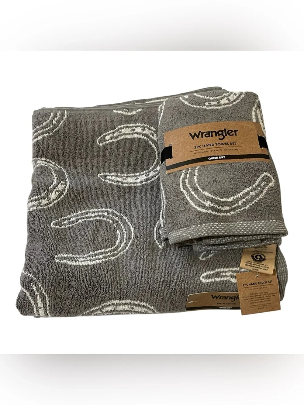 Wrangler Grey & White Horseshoe Design 2 Bath Towels & a Set of Hand Towels NWT